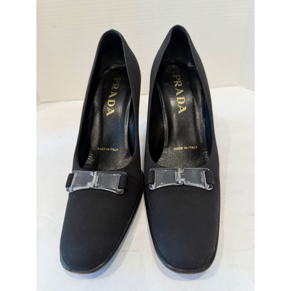 Prada Satin Black Clear Buckle Detail Almond Toe Block Heel Slip On Pumps Sz 6.5